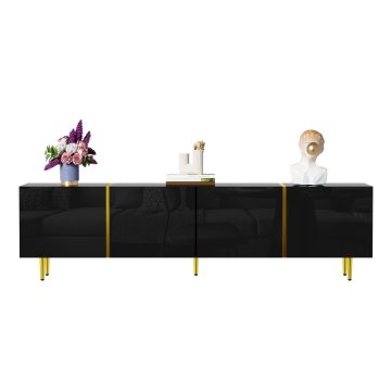 SONNENH TV omarica, črna z visokim sijajem, 170 × 35 × 46 cm, 4 vrata z mehkim zapiranjem, zlate obrobe in noge, korpus MDF, za dnevno sobo