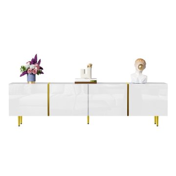 SONNENH TV omarica, bela z visokim sijajem, 170 × 35 × 46 cm, 4 vrata z mehkim zapiranjem, zlate obrobe in noge, korpus MDF, za dnevno sobo