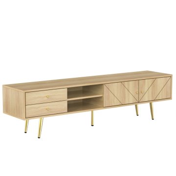 SONNENH TV omarica, lesni dekor, 160 × 36 × 42 cm, 2 predala, 2 vrata s poševnimi utori in odprta sredinska predela, zlate kovinske noge