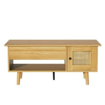 SONNENH Dvižna klubska mizica, lesni dekor in črna, 103 × 50 cm, višina 46 ali 60 cm, vrata z imitacijo ratana, skrit prostor in odprte police