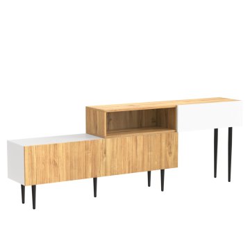 SONNENH Modularna TV omarica, 2-delna, dolžina približno 130–220 cm, lesni dekor in mat bela, 3 preklopna vrata, odprti predeli in črne noge