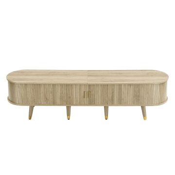 SONNENH TV omarica, svetel hrastov dekor, zlati detajli, 175 × 38 × 45 cm, rebrasta drsna vrata, 2 predala in odprte police, MDF, zaobljena konca