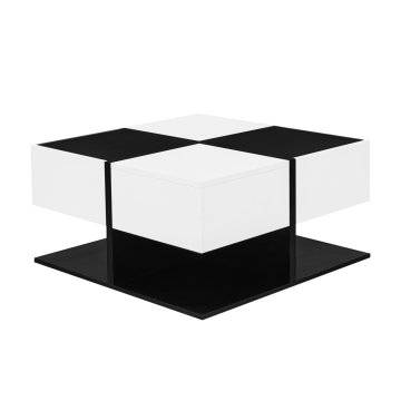 SONNENH Kvadratna klubska mizica, črna in bela, 70 × 70 × 35,5 cm, 2 nasprotna predala, geometrijska plošča in črn podstavek, iverne plošče