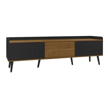 SONNENH TV omarica, črna, lesni dekor, 160 × 39 × 49,5 cm, 3 vrata z rebrastimi stranskimi frontami, dvignjen rob in lesene noge, za dnevno sobo