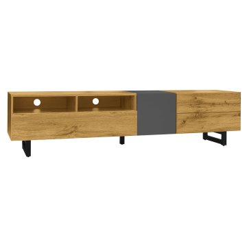 SONNENH TV omarica, lesni dekor in temno siva, 170 × 36,5 × 42 cm, 3 vrata in 2 odprta predela, preklopna sredina ter U-kovinske noge