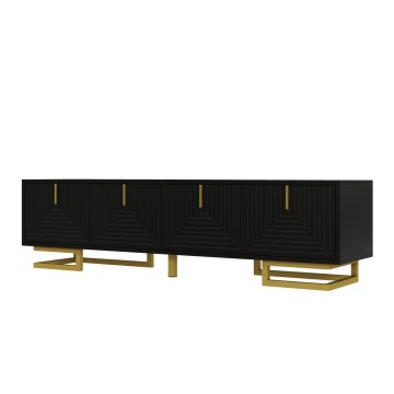SONNENH TV omarica, črna, 160 × 38 × 44,5 cm, 4 strukturirana vrata, zlati navpični ročaji, notranje police in nastavljive kovinske noge
