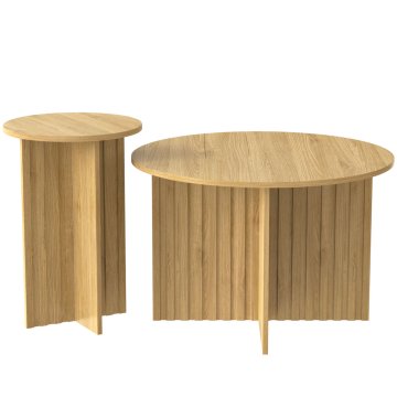SONNENH Okrogli klubski mizici, 2 v kompletu, lesni dekor, Ø 76 × 50 cm in Ø 40 × 56,5 cm, iverne plošče in rebrasti MDF podnožji