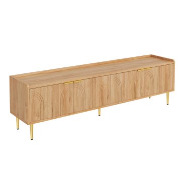 SONNENH TV omarica, lesni dekor in zlati detajli, 170 × 35 × 47,5 cm, 4 vrata z reliefnimi loki, zlati ročaji, kovinske noge in notranje police za dnevno sobo