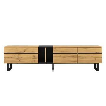 SONNENH TV omarica, lesni dekor in črna, 180 × 38 × 45 cm, levi preklopni predel, sredinska odprta polica, 2 desni vrati in črno kovinsko podnožje