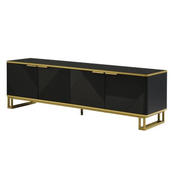 SONNENH TV omarica, črna in zlata, 160 × 37,5 × 48 cm, 4 vrata z geometrijskim reliefom, notranji predeli, kovinsko podnožje in odprtini za kable