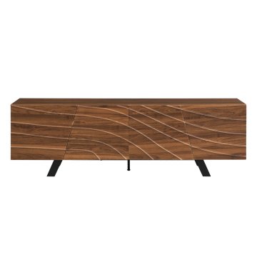 SONNENH TV omarica v orehovem videzu, 160 × 39 × 50,5 cm, 4 vrata z valovitim reliefom, zaprti notranji predeli, črne kovinske noge in odprtini za kable