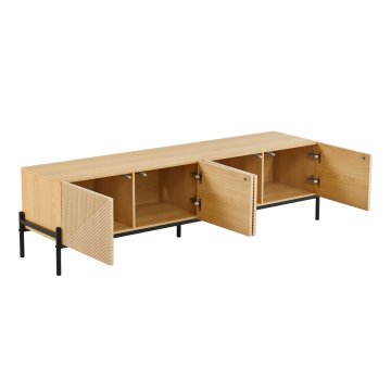 SONNENH TV omarica, svetel lesni dekor, 163,5 × 40 × 45 cm, 4 reliefna vrata z odpiranjem na pritisk, črne kovinske noge in 4 odprtine za kable
