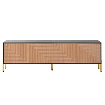 SONNENH TV omarica, črna in lesni dekor, 179 × 35 × 53,5 cm, 4 vrata brez zunanjih ročajev, geometrijska tekstura in kovinske noge v zlatem tonu