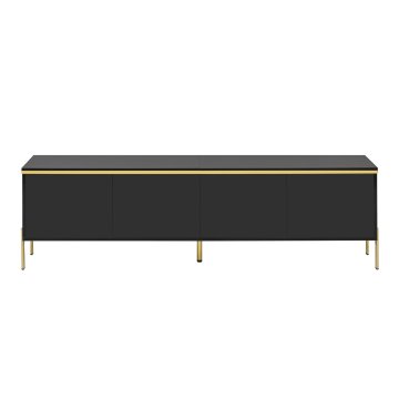 SONNENH TV omarica, črna in zlati detajli, 170 × 38 × 50 cm, 4 vrata brez zunanjih ročajev, površine z visokim sijajem, zlata obroba in kovinske noge