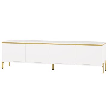 SONNENH TV omarica, bela in zlati detajli, 170 × 38 × 50 cm, 4 vrata brez zunanjih ročajev, površine z visokim sijajem, zlata obroba in kovinske noge