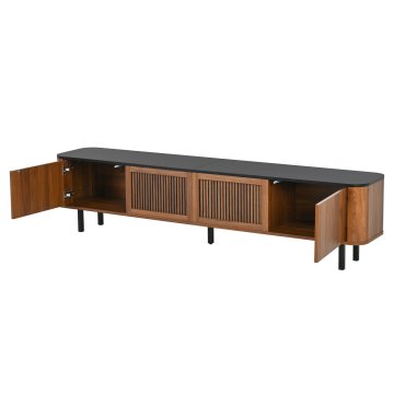 SONNENH TV omarica, orehov dekor in črna, 190 × 35 × 45 cm, 4 vrata z dvema rešetkastima vložkoma, ločeni notranji predeli, črna plošča in kovinske noge