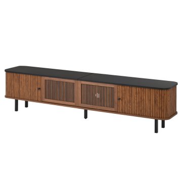 SONNENH TV omarica, orehov dekor in črna, 190 × 35 × 45 cm, 2 sredinski drsni rešetkasti vrati, stranska zaprta predela, okrogli ročaji in kovinske noge