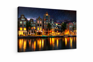 Obraz na płótnie Canvas Amsterdam Kanał Kamienice Nocna Panorama 31x38