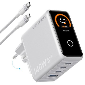 Vention GaN polnilec 140 W, 3× USB-C + USB-A, EU, s kablom USB-C 240 W 1 m