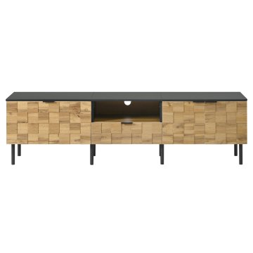 SONNENH TV omarica, lesni dekor in črna, 170 × 35 × 44,5 cm, mozaične fronte, levi preklopni predel, desna vrata, 1 predal in odprt predel