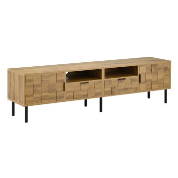 SONNENH TV omarica v lesnem dekorju, 160 × 35 × 42,5 cm, mozaične fronte, 2 stranski vrati, 2 predala, 2 odprta predela in črne kovinske noge