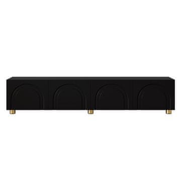 SONNENH Nizka TV omarica, črna, 180 × 35 × 40 cm, 4 vrata z reliefnimi loki, zaprti notranji predeli in okrogle kovinske noge v zlatem tonu
