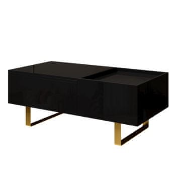 SONNENH Dvižna klubska mizica, črna, 100 × 50 cm, višina 39,5 ali 54,5 cm, sijajni MDF, predal, skrit prostor in zlate železne noge