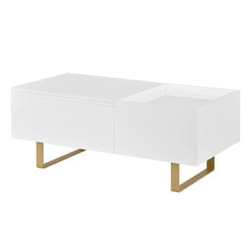 SONNENH Dvižna klubska mizica, bela, 100 × 50 cm, višina 39,5 ali 54,5 cm, sijajni MDF, predal, skrit prostor in zlate železne noge