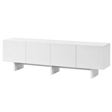 SONNENH Bela TV omarica, 170 × 35 × 50 cm, 4 vrata z geometrijskimi reliefnimi loki, notranja sredinska polica in podnožje iz PB plošč