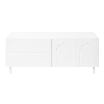 SONNENH Bela klubska mizica, 100 × 50 × 39,5 cm, 2 predala in 2 vrata z reliefnimi loki, PB in MDF korpus ter valjaste jeklene noge