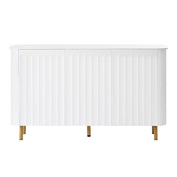SONNENH Bela kredenca, 135 × 36 × 78 cm, 3 vrata brez ročajev s stebričastim reliefom, visoki predeli brez polic in zlate kovinske noge
