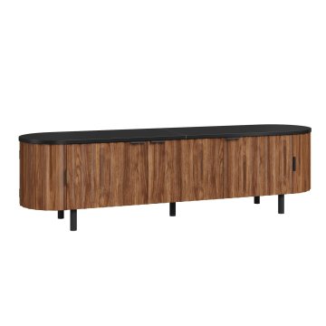 SONNENH TV omarica, orehov dekor, črna, 170 × 40 × 47 cm, 5 rebrastih vrat, zaobljena konca, zadnje kabelske odprtine ter železne noge in ročaji