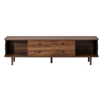 SONNENH TV omarica, orehov dekor, 165 × 40 × 46 cm, 4 sredinski predali, 2 stranski drsni fronti, okrogli kovinski ročaji in lesene noge