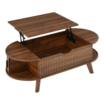 SONNENH Ovalna dvižna klubska mizica, orehov dekor, 110 × 50 cm, višina 38,5 ali 53,5 cm, 2 drsni fronti, skrit prostor in lesene noge