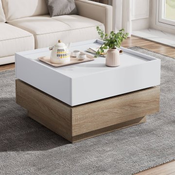 SONNENH Vrtljiva kvadratna klubska mizica 60 × 60 × 38 cm, bela in orehov dekor, zgornji del z zasukom 360°, dva predala in dvignjeni robovi plošč