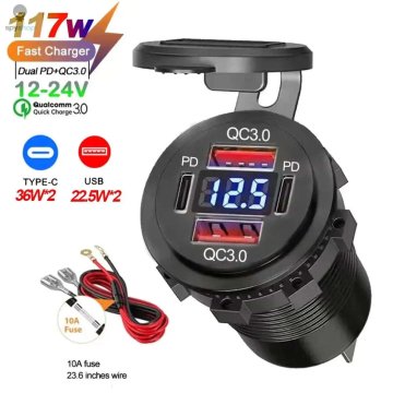 KJB 117W USB avto polnilnik z voltmetrom, PD3.0/QC3.0