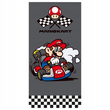 Carbotex Otroška brisača Mario Kart 70x140 sive dirkalne zastavice za bazen in na plažo