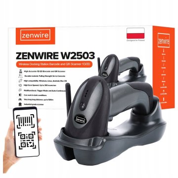 ZENWIRE Brezžični 1D 2D QR čitalnik črtnih kod W2503 z USB priklopno postajo