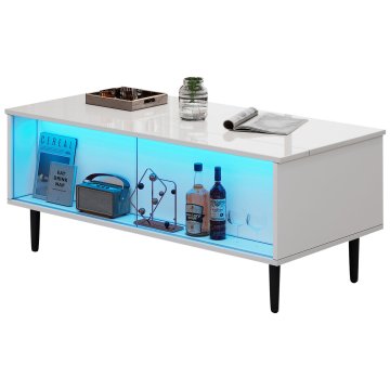SONNENH Dvižna klubska mizica 105 × 50 cm, bela, višina 43 ali 58 cm, skrita predela, dve stekleni drsni vrati, sijajna plošča in LED osvetlitev USB