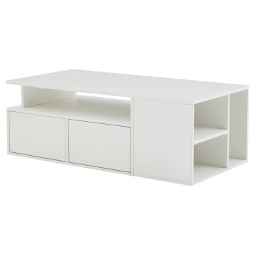 SONNENH Klubska mizica 100 × 50 × 35 cm, dva predala, odprta srednja polica in stranski odlagalni predeli, sijajne površine ter LED osvetlitev USB, bela