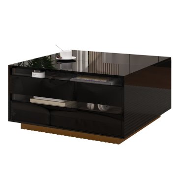 SONNENH Dvižna klubska mizica 70 × 70 cm, višina 38 ali 53 cm, črna, ločen poklopni del, skrit prostor, en predal, prozorni akrilni deli in LED USB