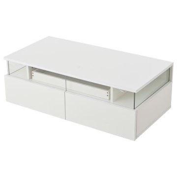 SONNENH Klubska mizica 90 × 45 × 35,5 cm, bela, dva predala, odstranljiv pladenj, stranici iz kaljenega stekla, akrilni deli predalov in LED USB