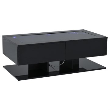 SONNENH Klubska mizica 100 × 50 × 35 cm, plošča iz kaljenega stekla, dva predala, odprta spodnja odlagalna mesta in LED osvetlitev USB, črna