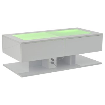 SONNENH Klubska mizica 100 × 50 × 35 cm, plošča iz kaljenega stekla, dva predala, odprta spodnja odlagalna mesta in LED osvetlitev USB, bela