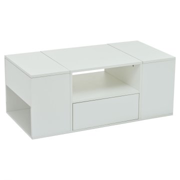 SONNENH Klubska mizica 100 × 50 × 40 cm, bela, en predal, dva dvižna stranska pokrova, trije odprti predeli in LED USB 5 V/2 A z aplikacijo