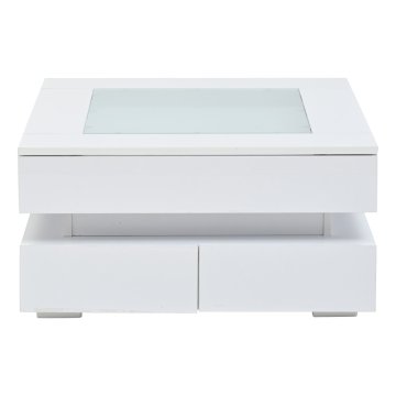 SONNENH Klubska mizica 70 × 70 × 35 cm, bela visoki sijaj, kaljen steklen vstavek, trije predali in odprta srednja raven ter LED USB z aplikacijo