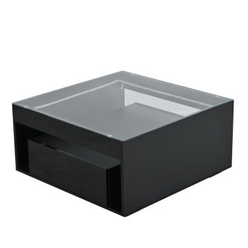 SONNENH Klubska mizica 70 × 70 × 35 cm, črna MDF korpus, kaljena steklena plošča, dva nasprotna predala s sijajnima frontama ter LED USB z aplikacijo
