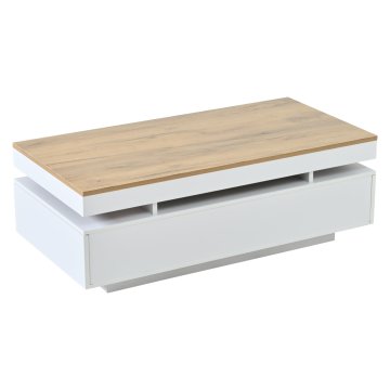 SONNENH Klubska mizica 100 × 50 × 35 cm, bela in rjav lesni dekor, dva predala na nasprotnih koncih, trije odprti predeli ter LED USB 5 V/2 A z aplikacijo