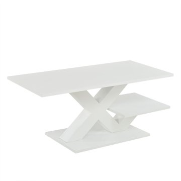 SONNENH Klubska mizica 100 × 48 × 45 cm, bela visoki sijaj, MDF, geometrijski nosilec v obliki X, manjša bočna odlagalna plošča in filc podloge
