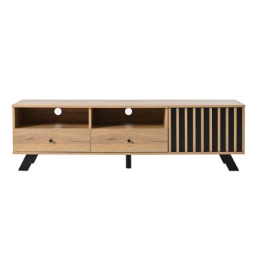 SONNENH TV omarica 150 × 38 × 44 cm, svetel lesni dekor in črna, dva predala, dvoje odprtih niš, bočni predel s krilnimi vrati in letvičastim videzom